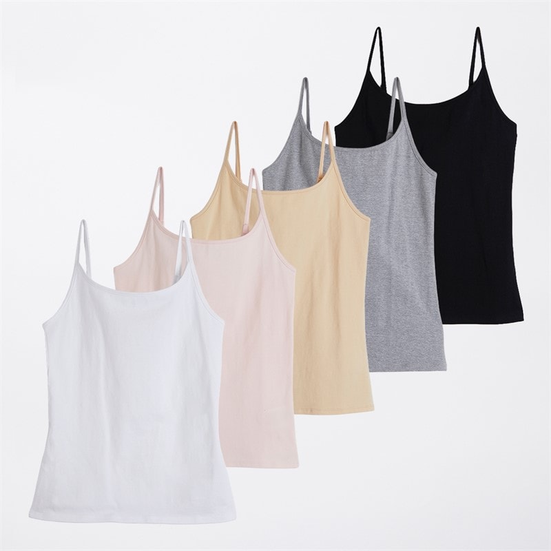 Board Angels Womens Five Pack Strappy Vests Cotton Stretch Black/White/Grey/Natural/Pink Black/White/Gery/Natural