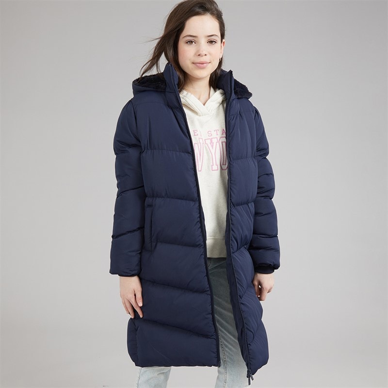 Board Angels Girls Hooded Long Puffer Jacket Navy