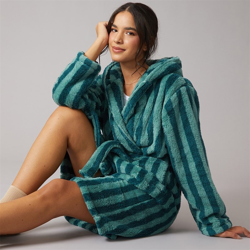 Board Angels Womens Wellsoft Hooded Striped Dressing Gown Green Stripe