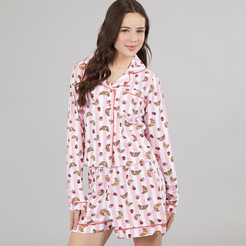 Board Angels Girls Croissant Pyjama Set Pink Stripe