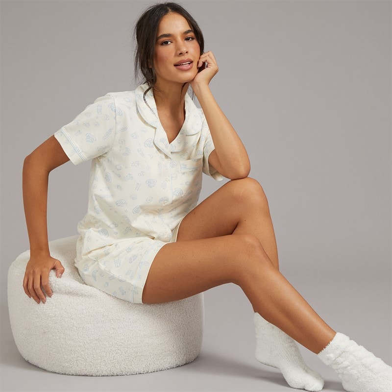 Board Angels Womens Brunch Button Through Short Pyjama Set Ecru Multi