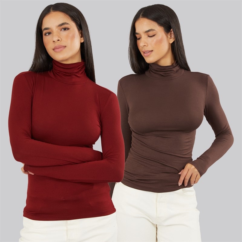 Board Angels Womens Roll Neck Plain Two Pack Tops Brown/Burgundy