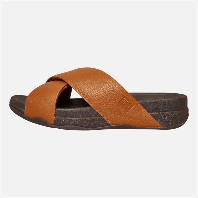 FitFlop Mens Surfer Mens Tumbled-Leather Cross Strap Sliders Light Tan
