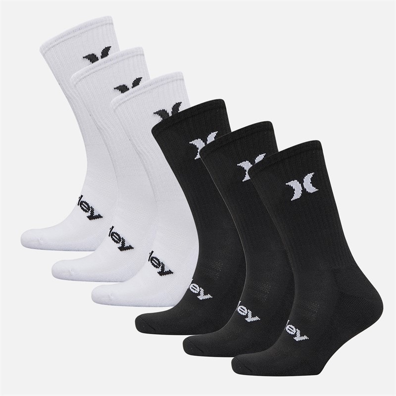Hurley Mens Six Pack 1/2 Terry Crew Socks White/Black