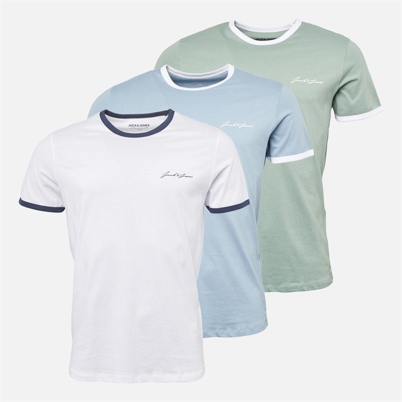 JACK & JONES Mens Ralph Three Pack T-Shirts White/Ashley Blue/Green Milieu