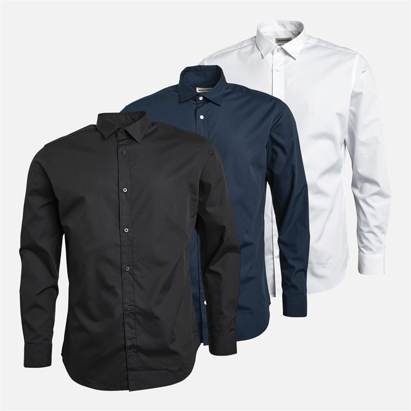 JACK & JONES Mens Joseph Three Pack Long Sleeve Shirts Navy/White/Black