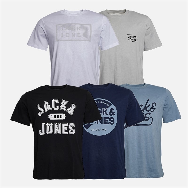 JACK & JONES Mens Five Pack T-Shirts Black/White/Ashley Blue/Glacier Grey/Navy Blazer