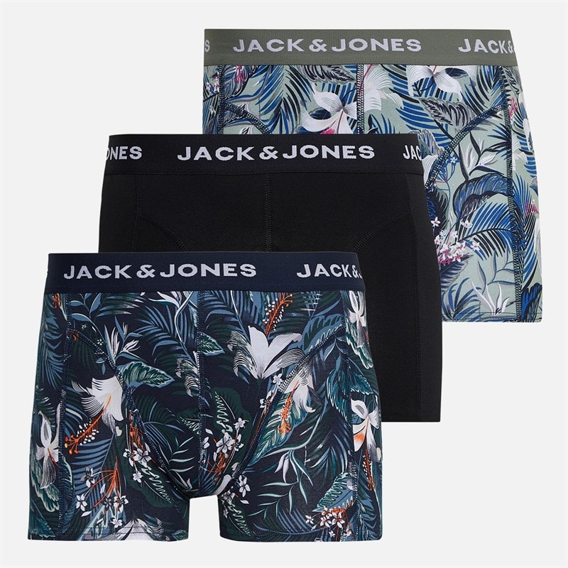 JACK & JONES Mens Brady Flower Three Pack Trunks Sky Captain/Iceberg Green/Black