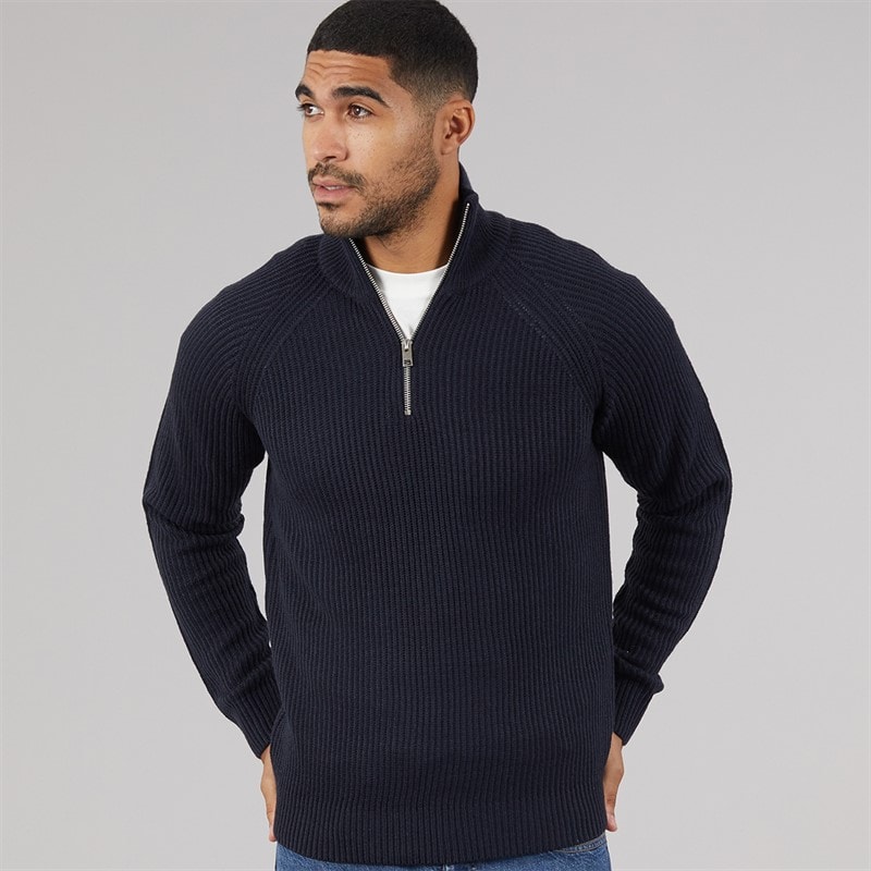 JACK & JONES Mens Panel 1/2 Zip Knitted Jumper Sky Captain