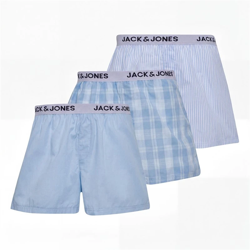 JACK & JONES Mens Jaclaroi Three Pack Woven Boxers Chambray Blue/Chambray Striped/Skyway Checks