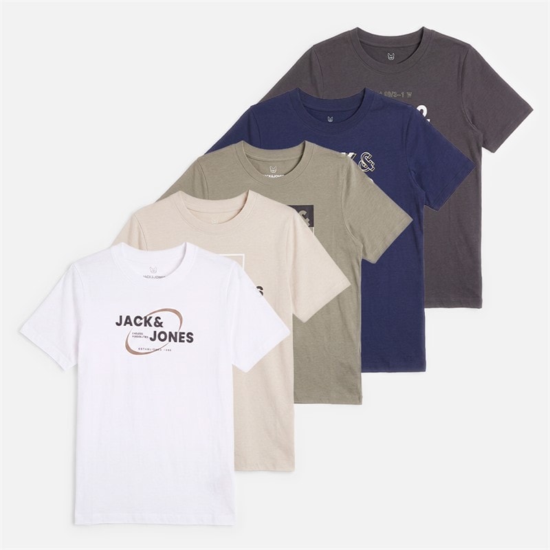 JACK & JONES Boys Andrew Five Pack T-Shirts White/Moonbeam/Vativer/Navy Blazer/Asphalt