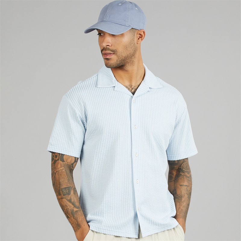 JACK & JONES Mens Summer Stripe Short Sleeve Shirt Skyway