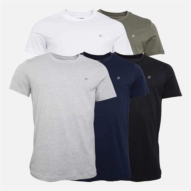 JACK & JONES Mens JXJ Five Pack T-Shirts Navy/White/Grey/Khaki/Black