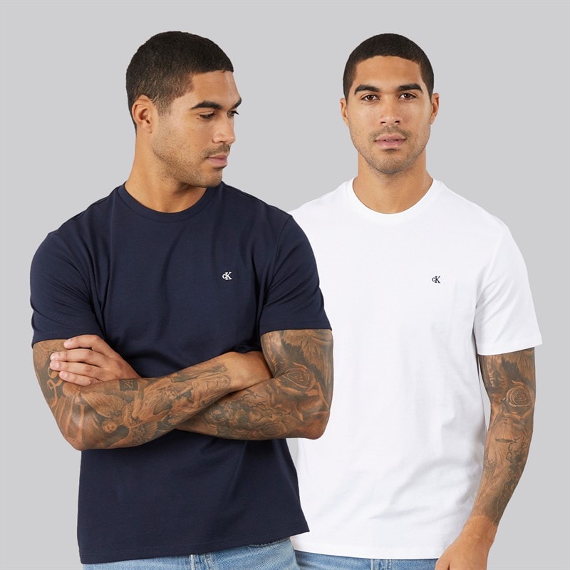 Calvin Klein Jeans Mens Two Pack Classic Monogram T-Shirts Bright White/Dark Sapphire