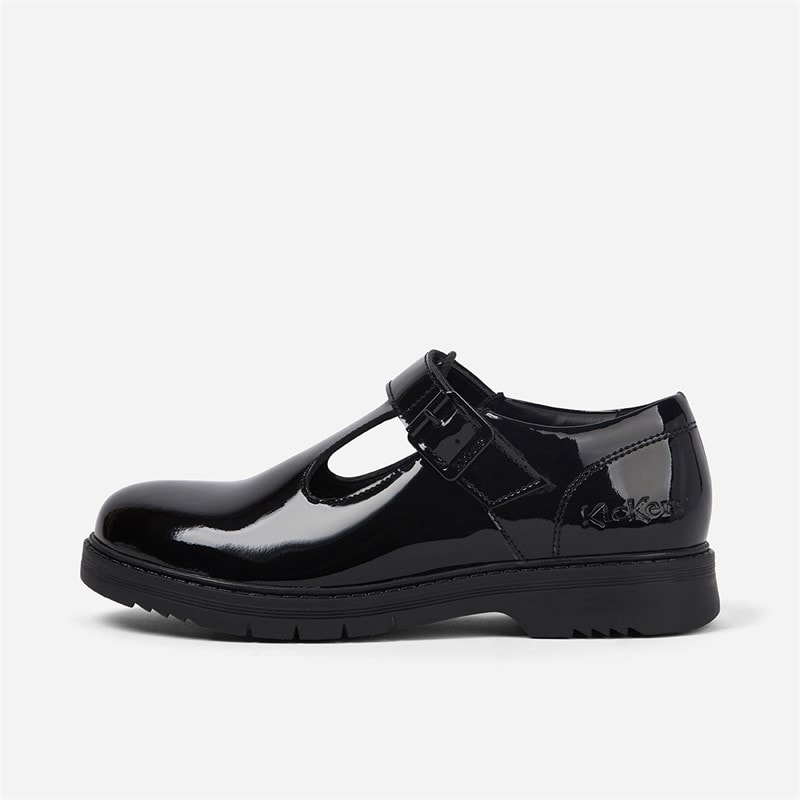 Kickers Girls Finley T-Bar Shoes Black Patent