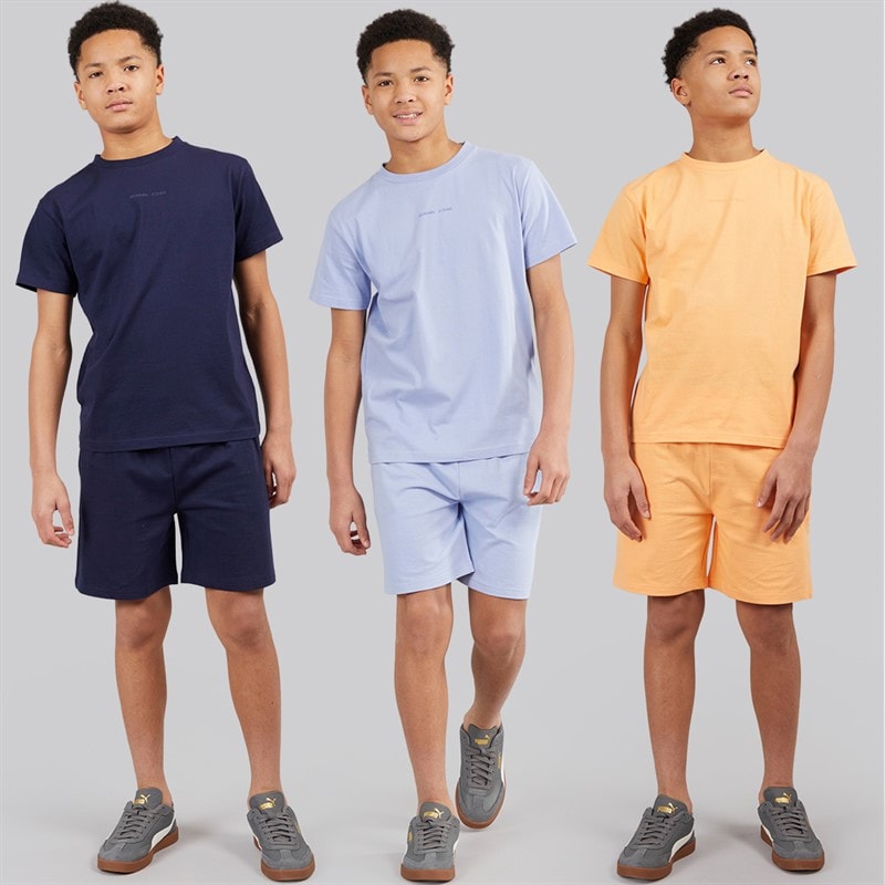 Kangaroo Poo Boys Three Pack Plain T-Shirts And Shorts Sets Navy / Lilac / Coral Navy/Lilac/Coral