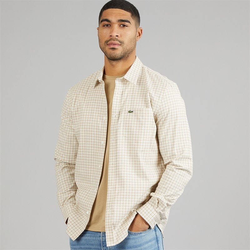 Lacoste Mens Regular Fit Plaid Flannel Shirt White/Brown