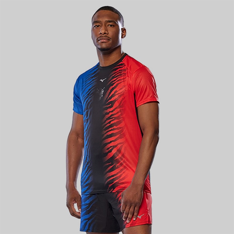 Mizuno Mens Dryaeroflow Graphic Running Top Oni Red/Oni Blue