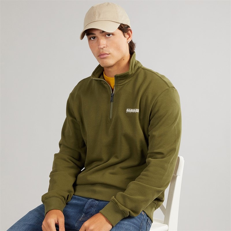 Napapijri Mens Small Box Crew Half Zip Sweatshirt Dark Olive