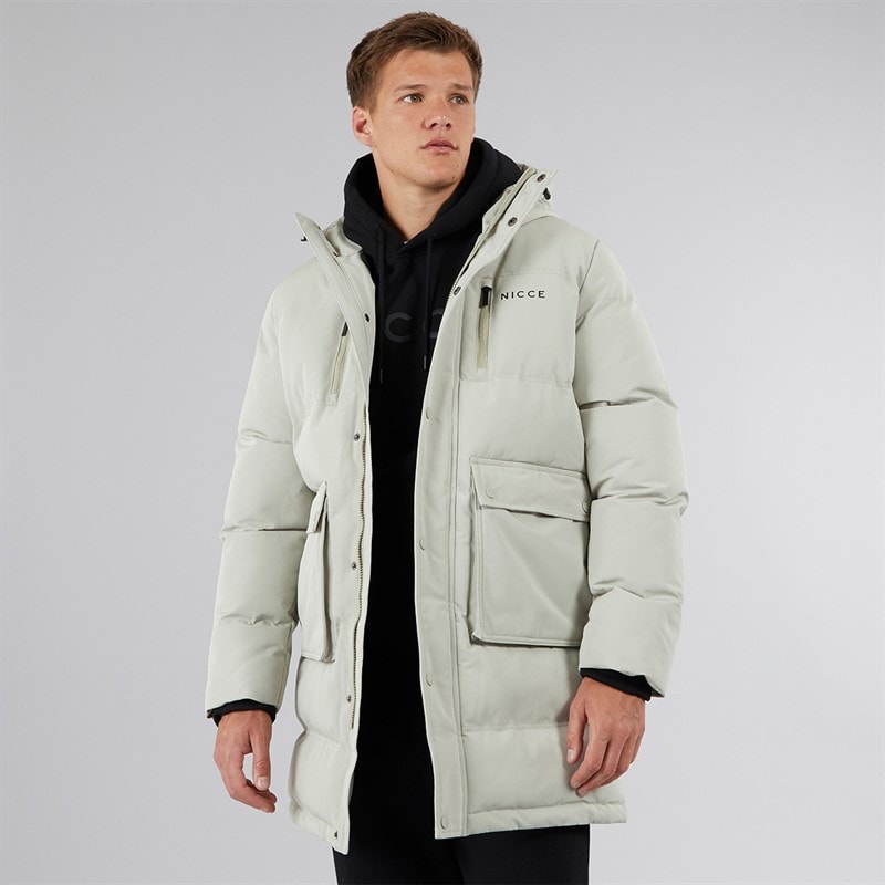 NICCE Mens Vespucci Long Zip Through Hooded Padded Parka Grey Stone