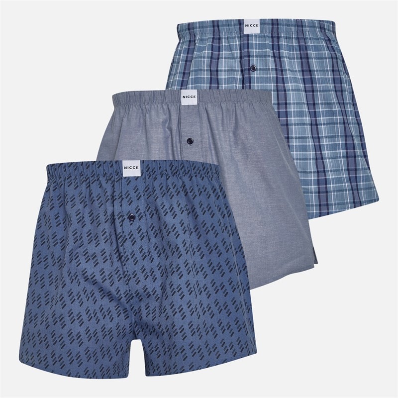 NICCE Mens Rawson Three Pack Boxer Shorts Blue Check/Chambray/AOP