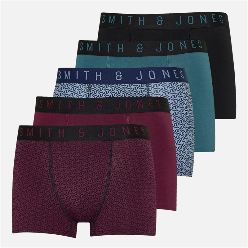 Smith And Jones Mens Radlett Five Pack Boxer Shorts Tawny Port/Teal/Aop/Aop/Black