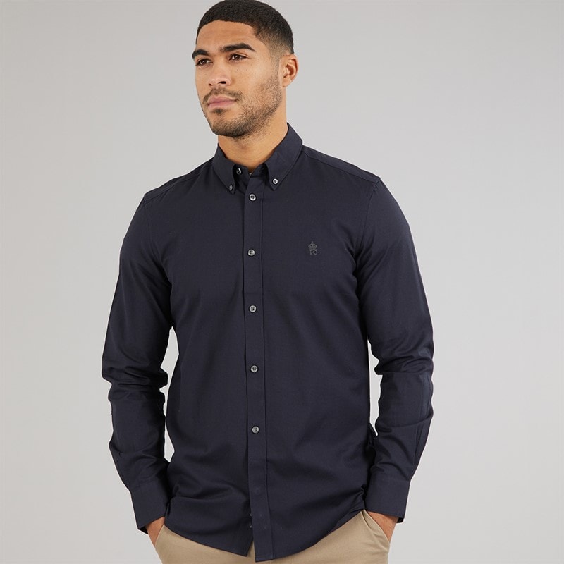 French Connection Mens Long Sleeve Oxford Shirt Solid Marine/Gunmetal