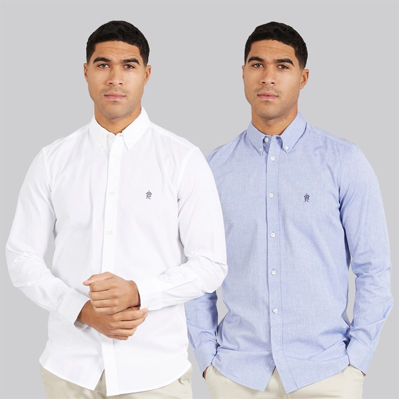French Connection Mens Two Pack Long Sleeve Oxford Shirts White/Mid Blue