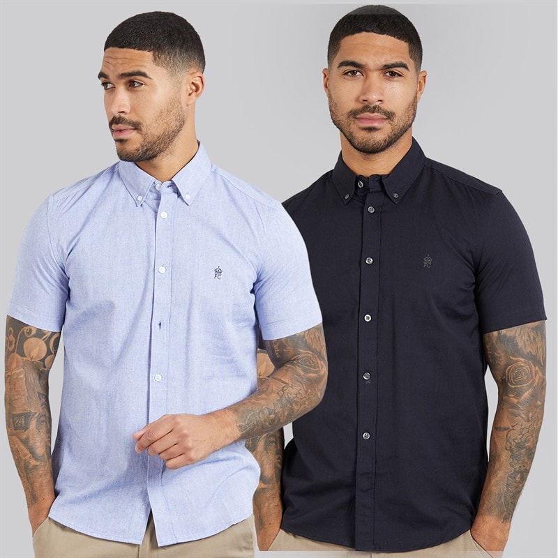 French Connection Mens Two Pack Short Sleeve Oxford Shirts Solid Marine/Mid Blue