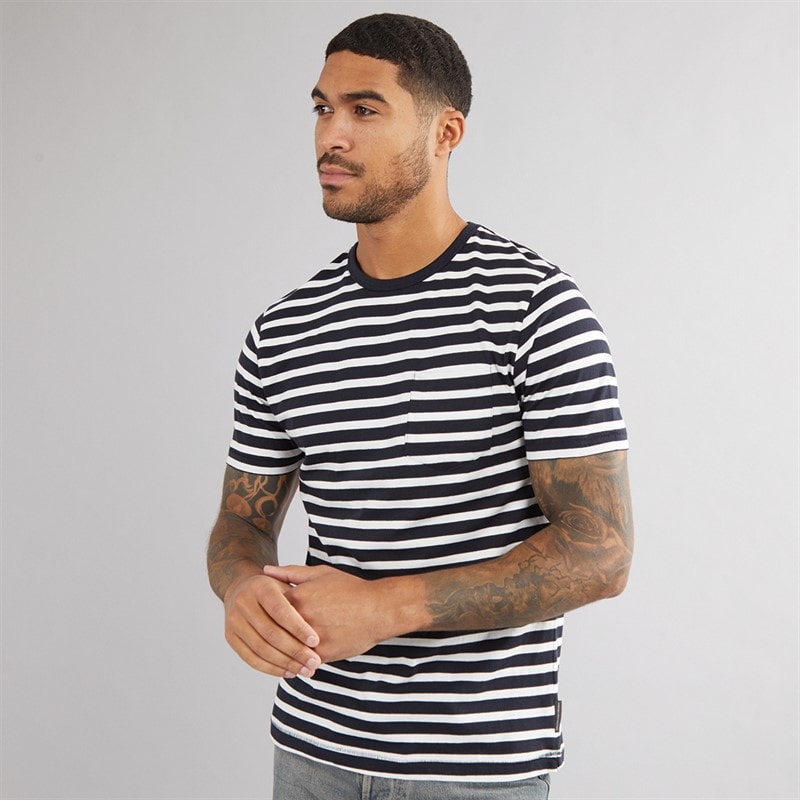 French Connection Mens Mid Stripe Pocket T-Shirt Marine/Ecru