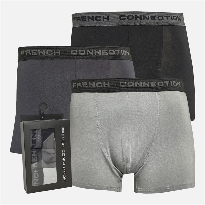 French Connection Mens Three Pack Modal Luxury Supersoft Boxer Trunks FC32 Black/Charcoal Melange/Light Grey Melange