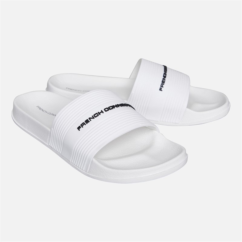 French Connection Mens Strap Sliders White/Black Logo