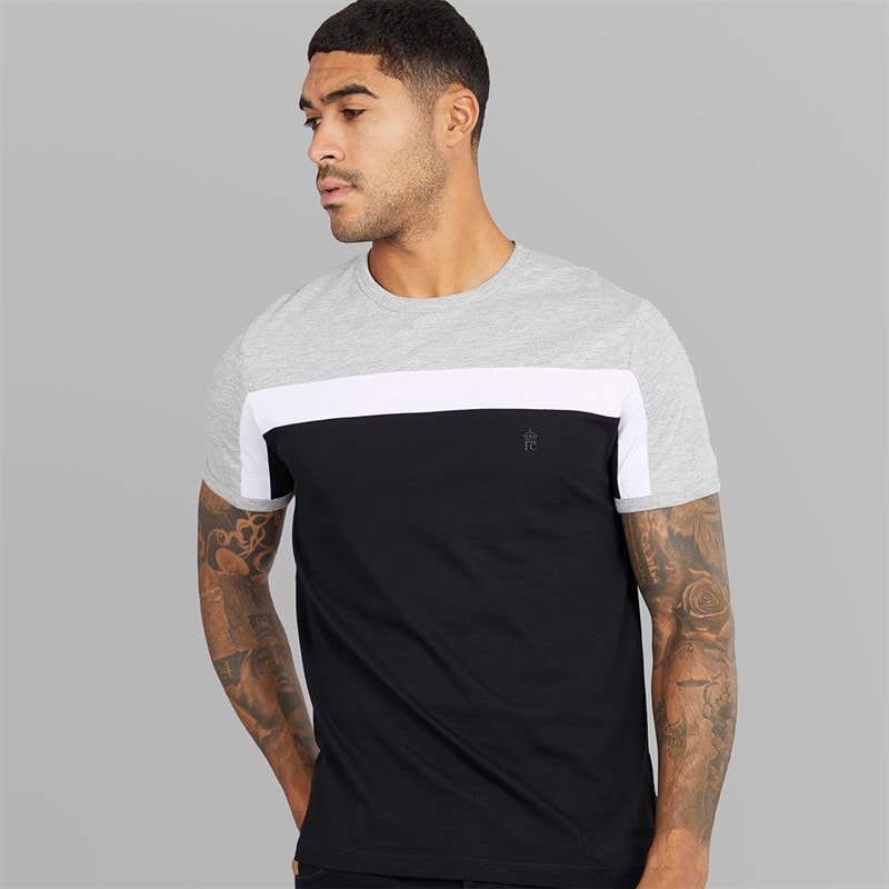 French Connection Mens Block Piping T-Shirt Light Grey Mel/White/Black