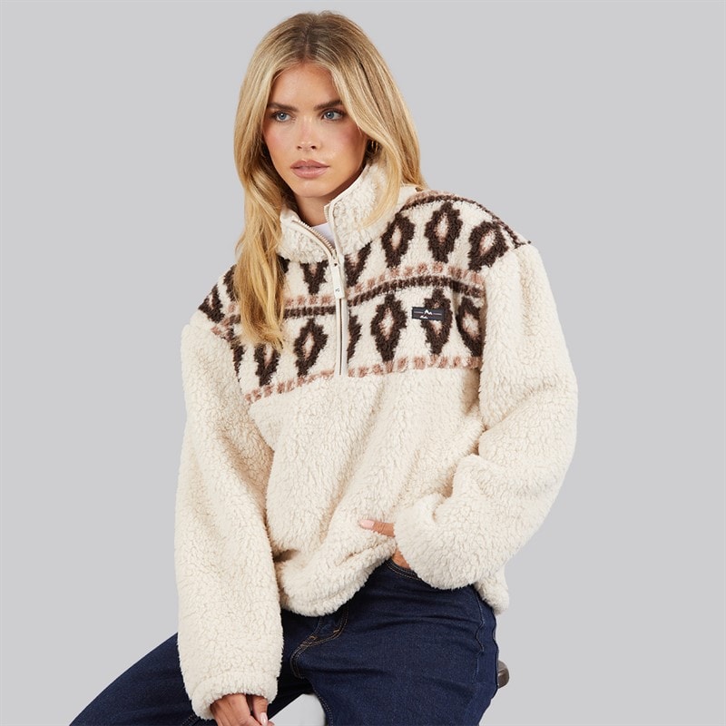 French Connection Womens Borg Fairisle Zip Fleece Oatmeal
