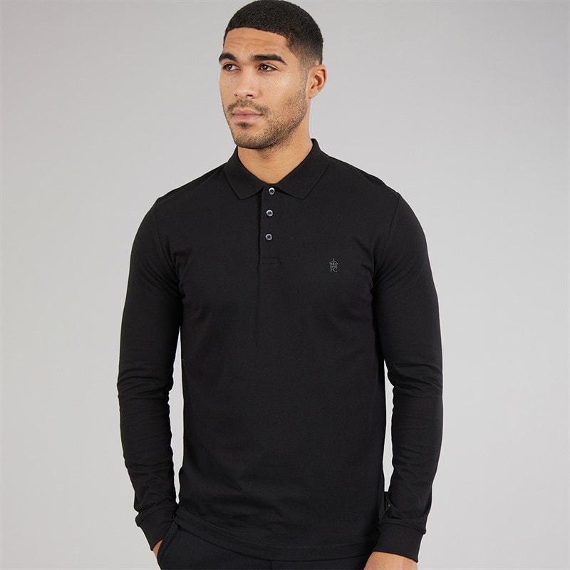 French Connection Mens Long Sleeve Polo Shirt Black/Gunmetal