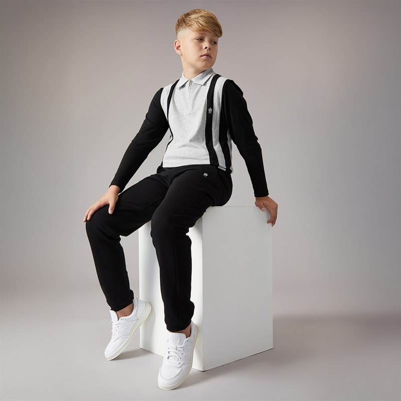 French Connection Boys Court Long Sleeve Zip Polo Shirt And Joggers Set Black/Light Grey Melange