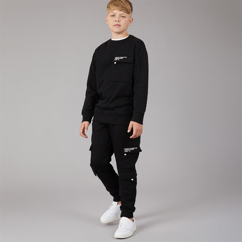 French Connection Boys Zone Crew Sweatshirt And Cargo Pants Tracksuit Black/White