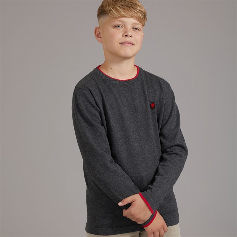 French Connection Boys Plain Tipped Knitted Jumper Charcoal Melange/Red