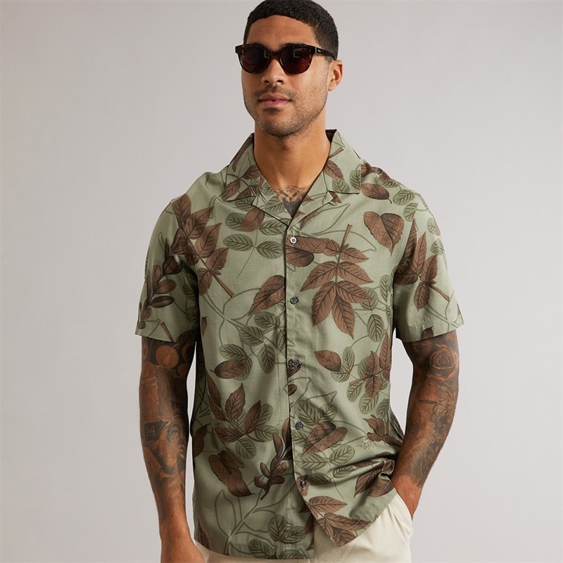 French Connection Mens Short Sleeve Leafy Viscose Shirt Khaki