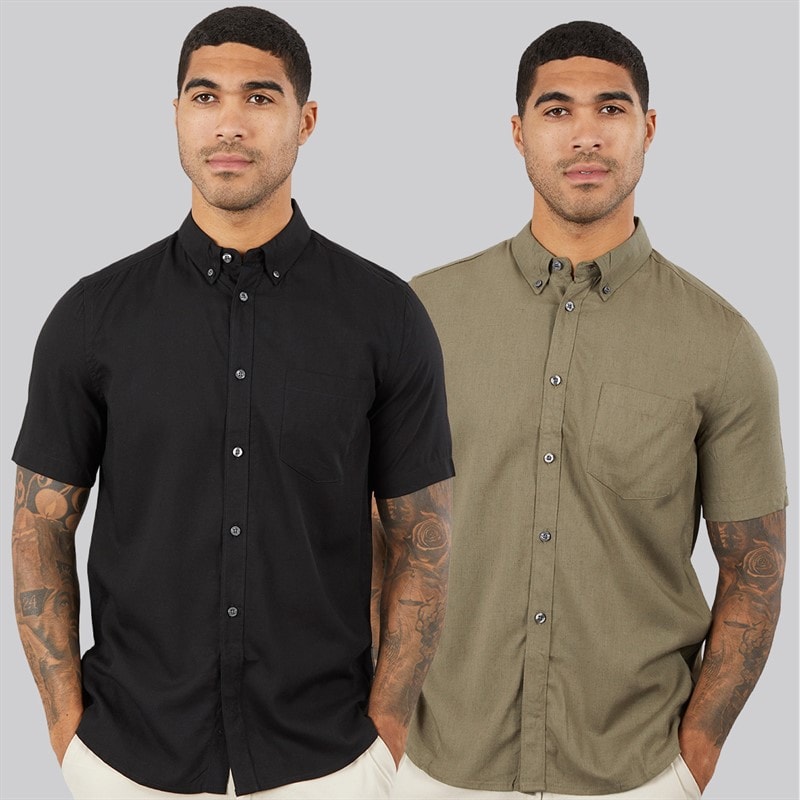 French Connection Mens Two Pack Short Sleeve Linen Shirts Black/Khaki