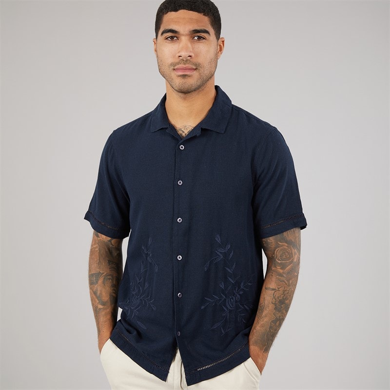 French Connection Mens Linen Floral Short Sleeve Shirt Marine