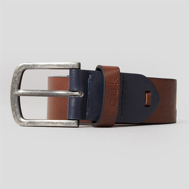 French Connection Mens FCUK Branded Keeper Buckle Belt Brown/Navy