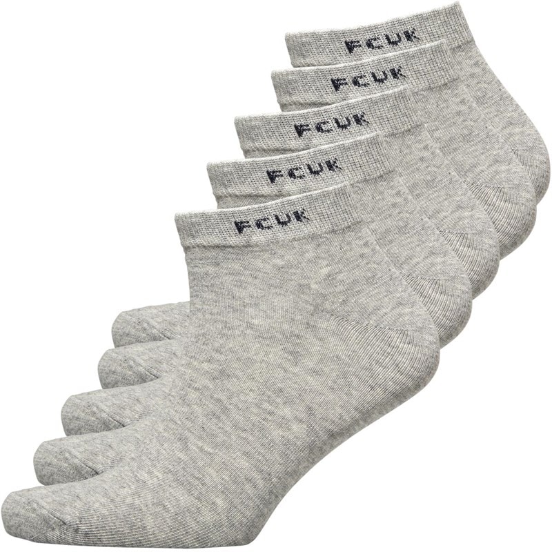 French Connection Mens FCUK Five Pack Trainer Socks Light Grey Marl/Black