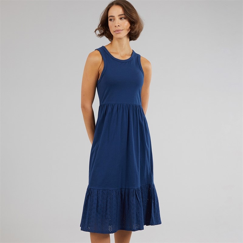 Onfire Womens Sleeveless Tiered Broderie Midi Dress Navy