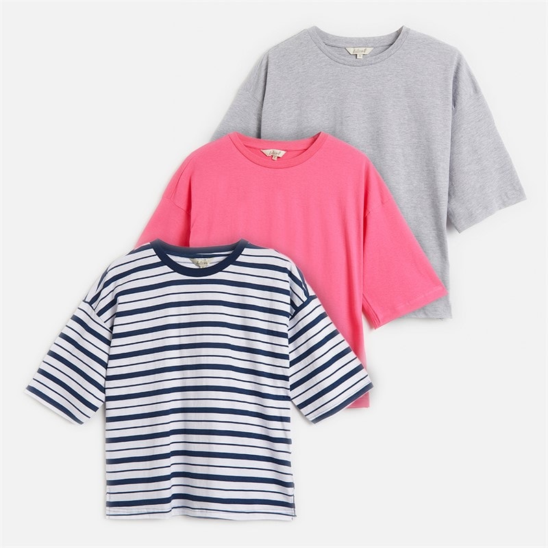 Onfire Womens Three Pack Boxy Crew Neck T-Shirts Navy Stripe/Pink/Grey Marl Navy Stripe / Pink / Grey Marl