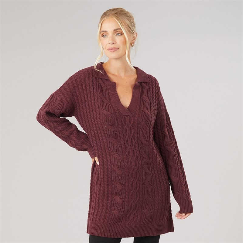 Onfire Womens Cable Knit Longline Jumper Burgundy