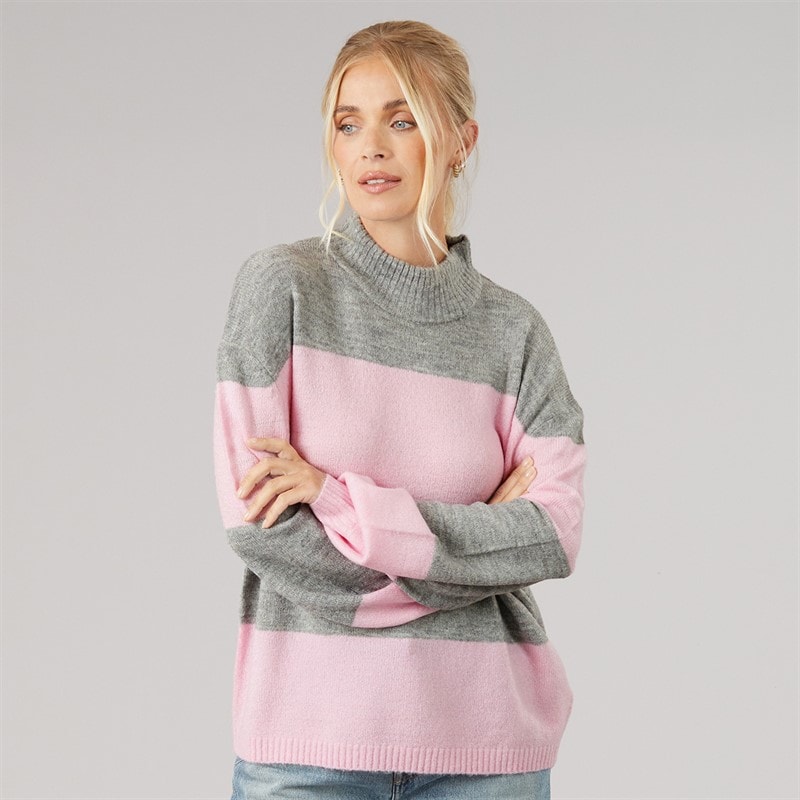 Onfire Womens Striped Crew Neck Sweatshirt Grey Melange/Pink