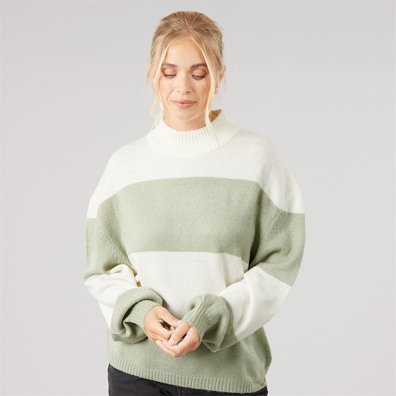 Onfire Womens Striped Crew Neck Sweatshirt Ecru/Sage