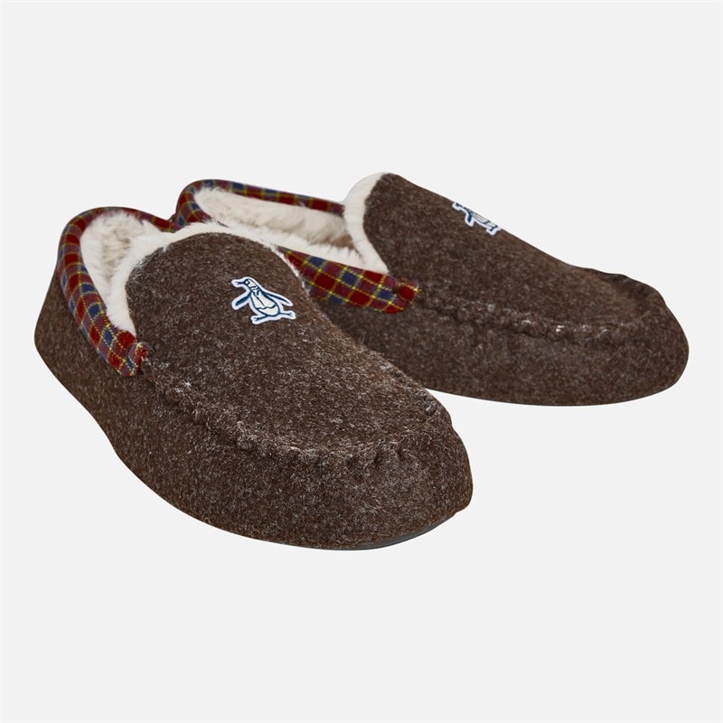 Original Penguin Mens Bedtime Tartan Moccasin Slippers Chocolate