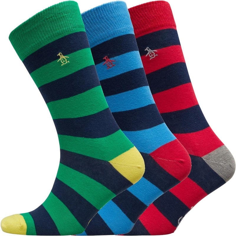 Original Penguin Mens Three Pack Design Rugby Stripe Socks Blue/Green/Red